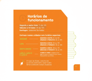 Quadro informativo com os horários de funcionamento das unidades Flex da GoodStorage, incluindo unidades com horário estendido e acesso 24 horas na Lapa.