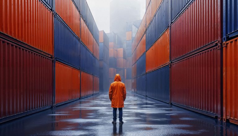 Pessoa de capa laranja entre corredores de containers empilhados em ambiente industrial com neblina