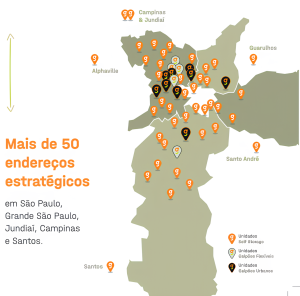 Mapa com mais de 50 endereços estratégicos da GoodStorage em São Paulo, Grande São Paulo, Jundiaí, Campinas e Santos.